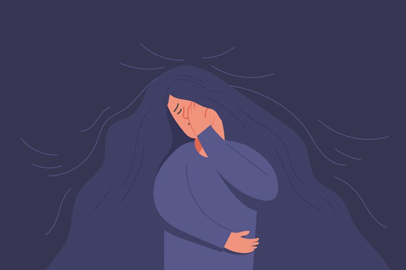 grief, intense grief, managing grief, digital illustration in mostly purple tones of a woman who is sad and grieving - grief