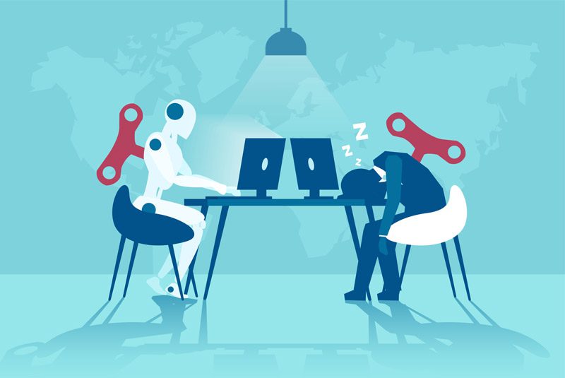 digital illustration depicting a robot working at a computer and a sleeping human working at another computer - high achievers