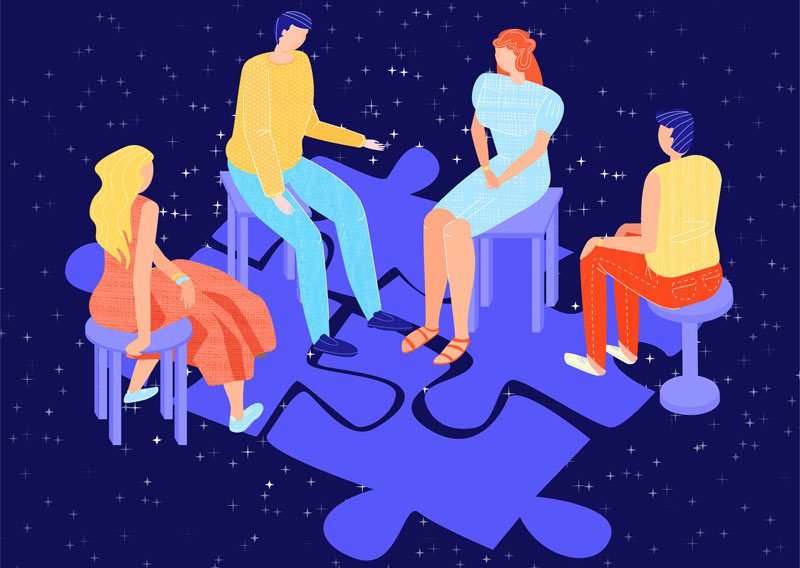 digital illustration of four people in chairs having a discussion - 12 steps